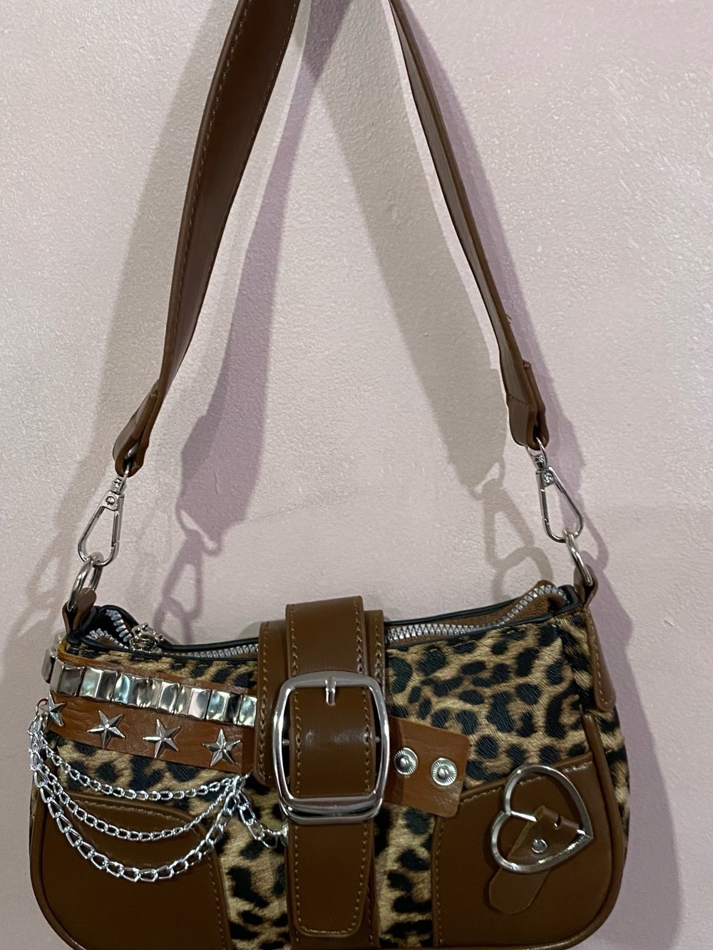 Brown Leopard-Accent Shoulder Bag with Cherry Charm - Picture 2 of 3